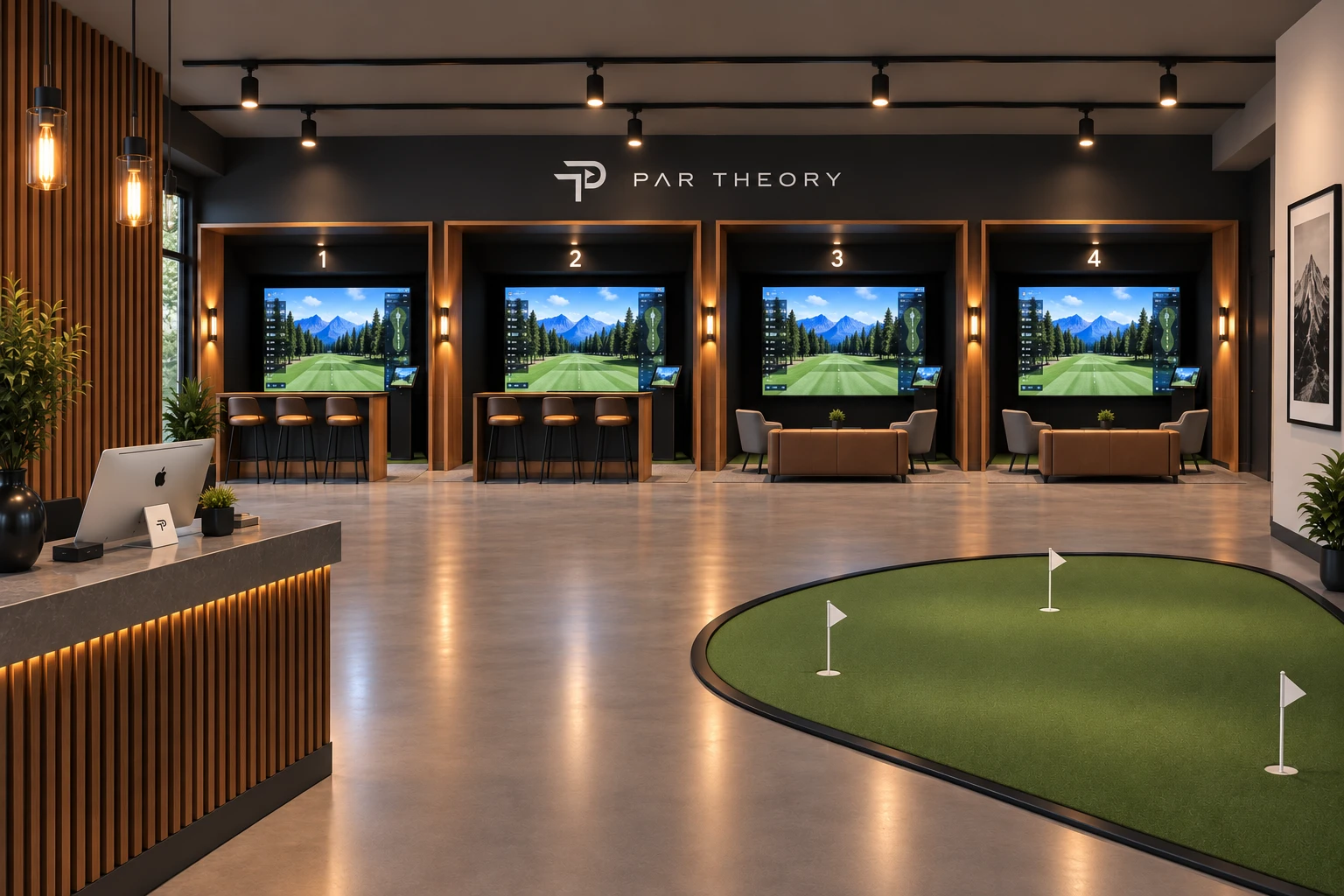 Concept rendering of the planned Par Theory Golf lounge, showing four simulator bays with screens, two with lounge seating, and a putting green in the foreground